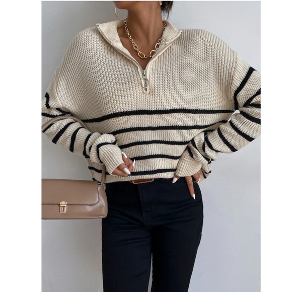 Striped Pullover Zip Collar Sweater Knit - Picture 6 of 8